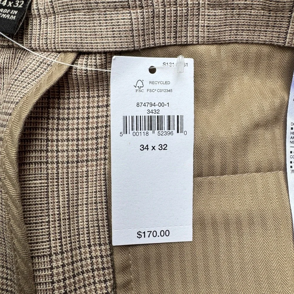 Banana Republic Mens Tailored Fit Glen Plaid Linen Blend Dress Pants Brown 34x32